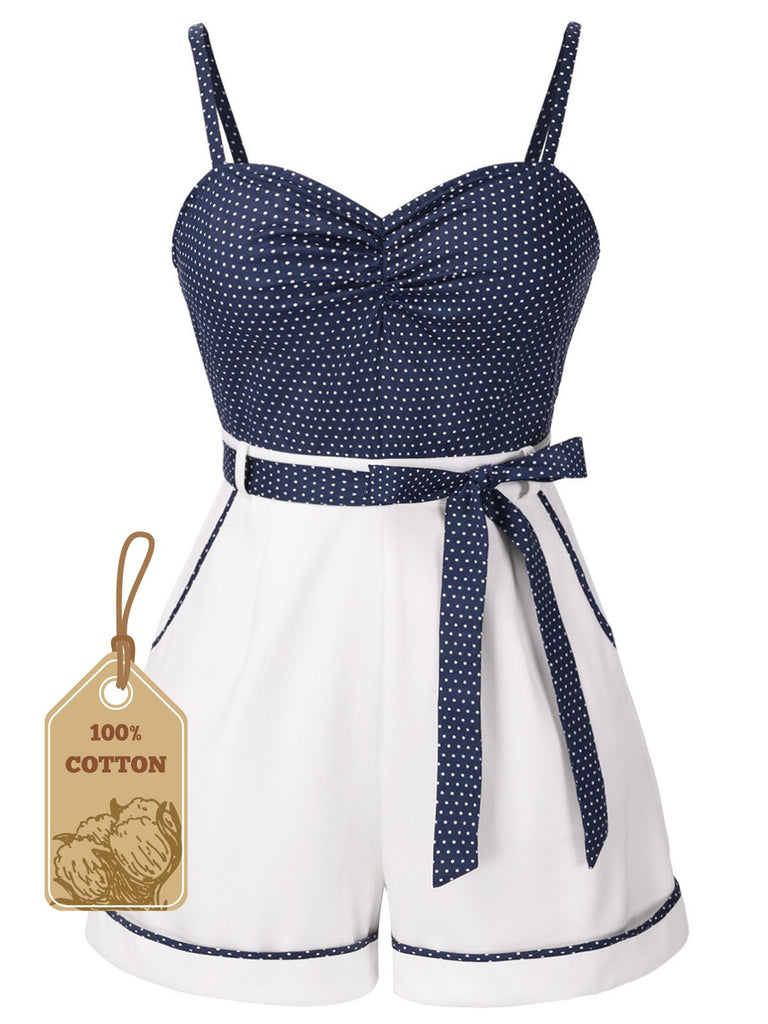 Blue 1940s Polka Dot Patchwork Suspender Romper - vintage jumpsuit, retro fashion