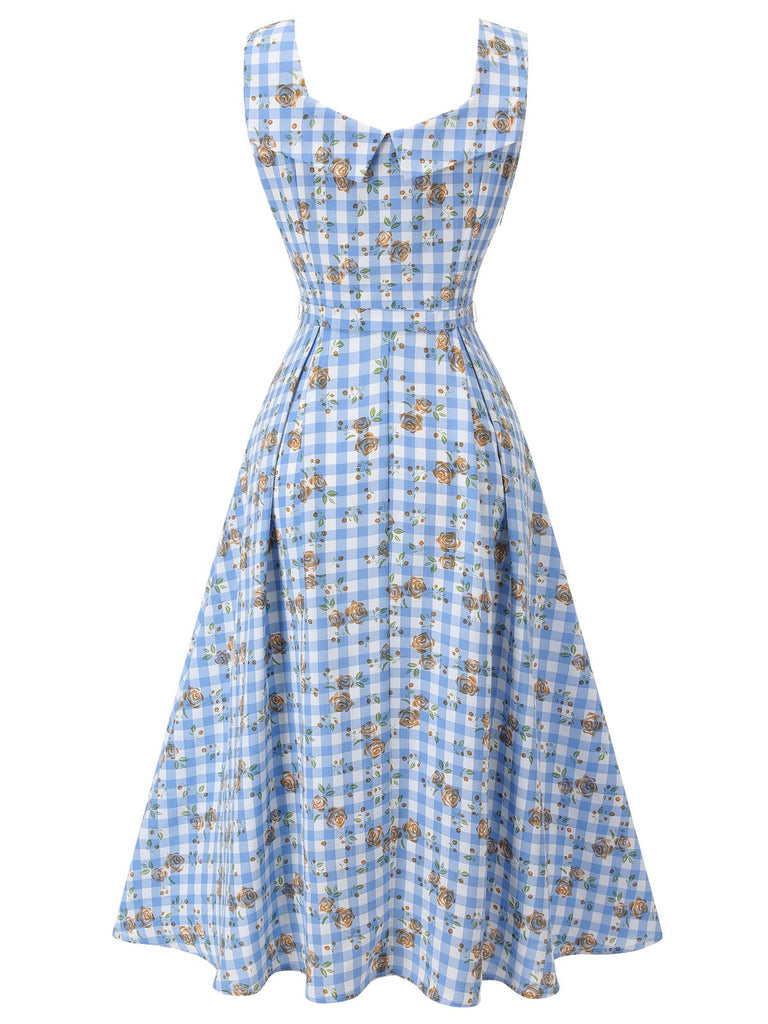 Blue 1940s Rose Gingham Lace Up Dress, vintage dress, retro fashion, lace detail - perfect for women who love vintage and retro fashion