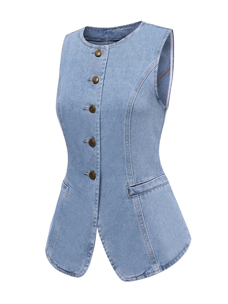 Blue 1940s Sleeveless Denim Vest - vintage fashion, retro style