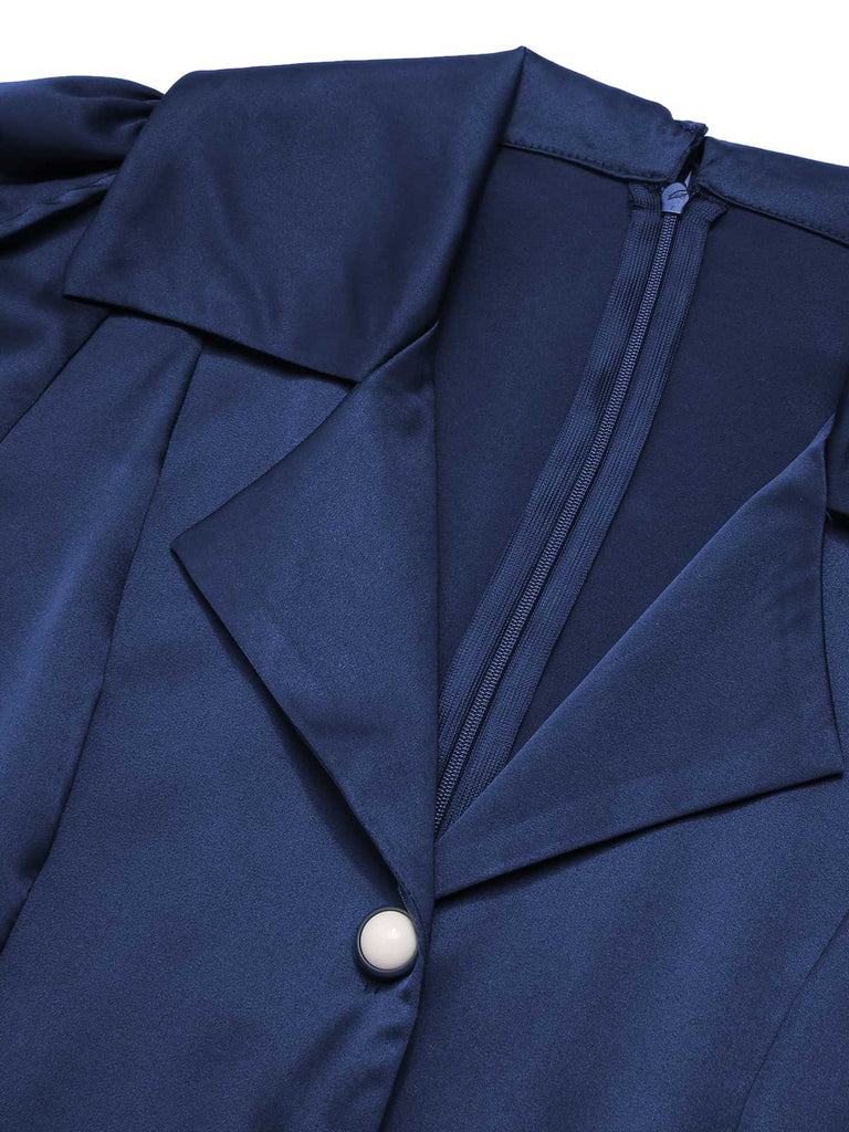 Blue 1940s Solid Short Sleeves Lapel Dress: timeless style reimagined