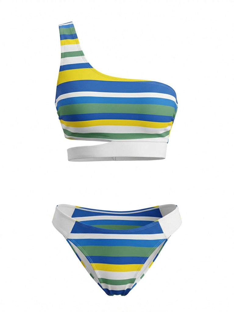 Blue 1940s Stripe One-Shoulder Cutout Bikini Set - vintage swimsuit, pin-up swimwear for vintage lovers