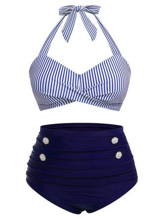Blue 1940s Striped Halter Bowknot Bikini Set - vintage fashion, retro style