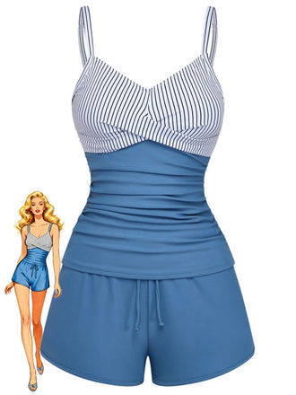 Blue 1940s Striped Pocket Ruched Swimsuit - vintage swimsuit, pin-up style