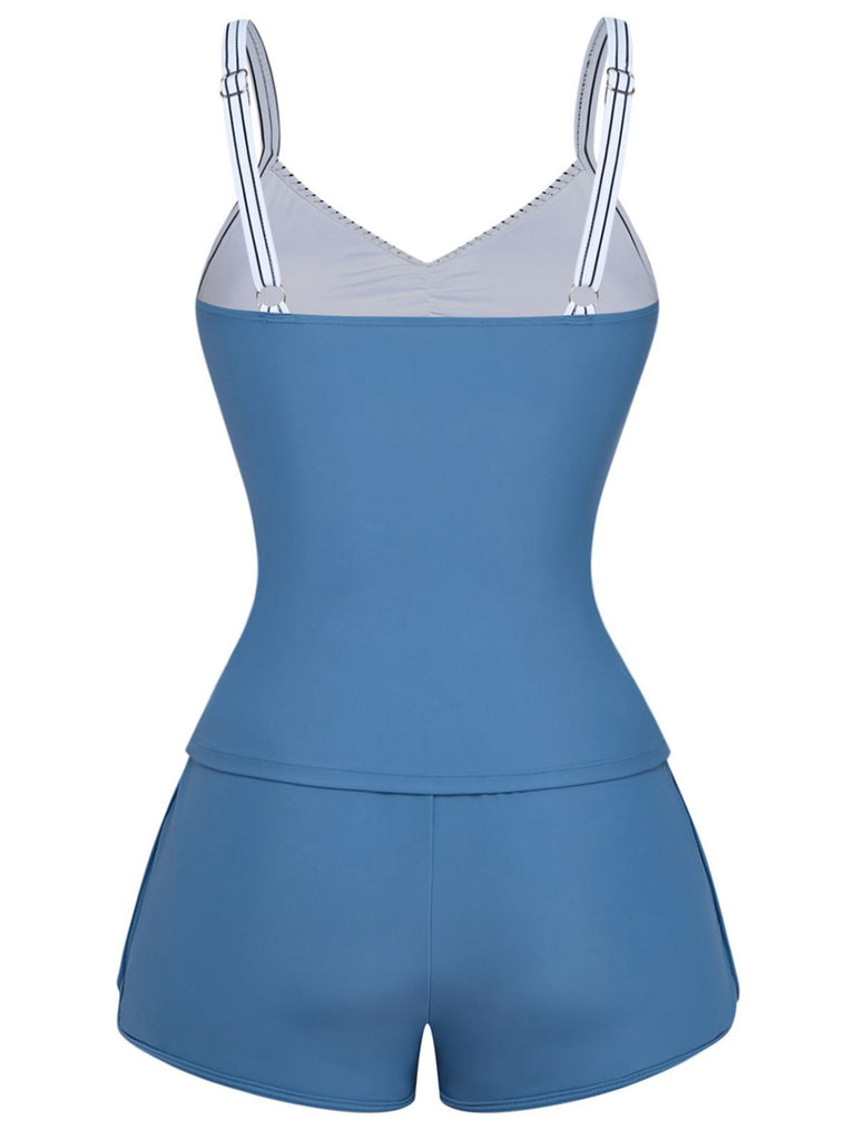 Blue 1940s Striped Pocket Ruched Swimsuit