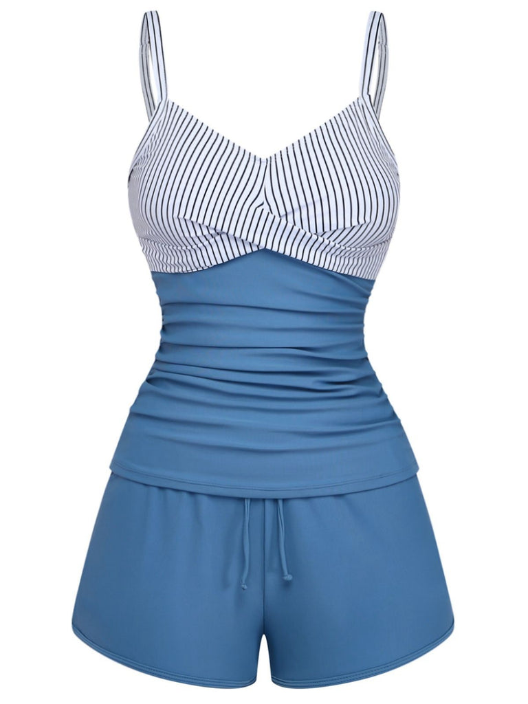 Blue 1940s Striped Pocket Ruched Swimsuit