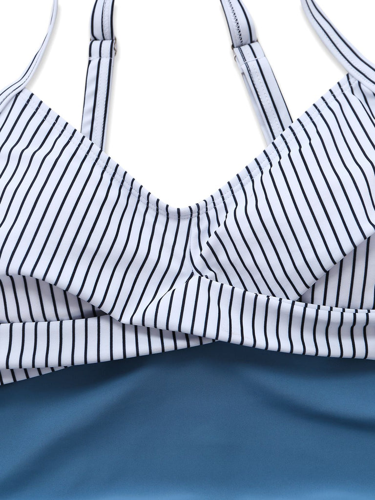 Blue 1940s Striped Pocket Ruched Swimsuit