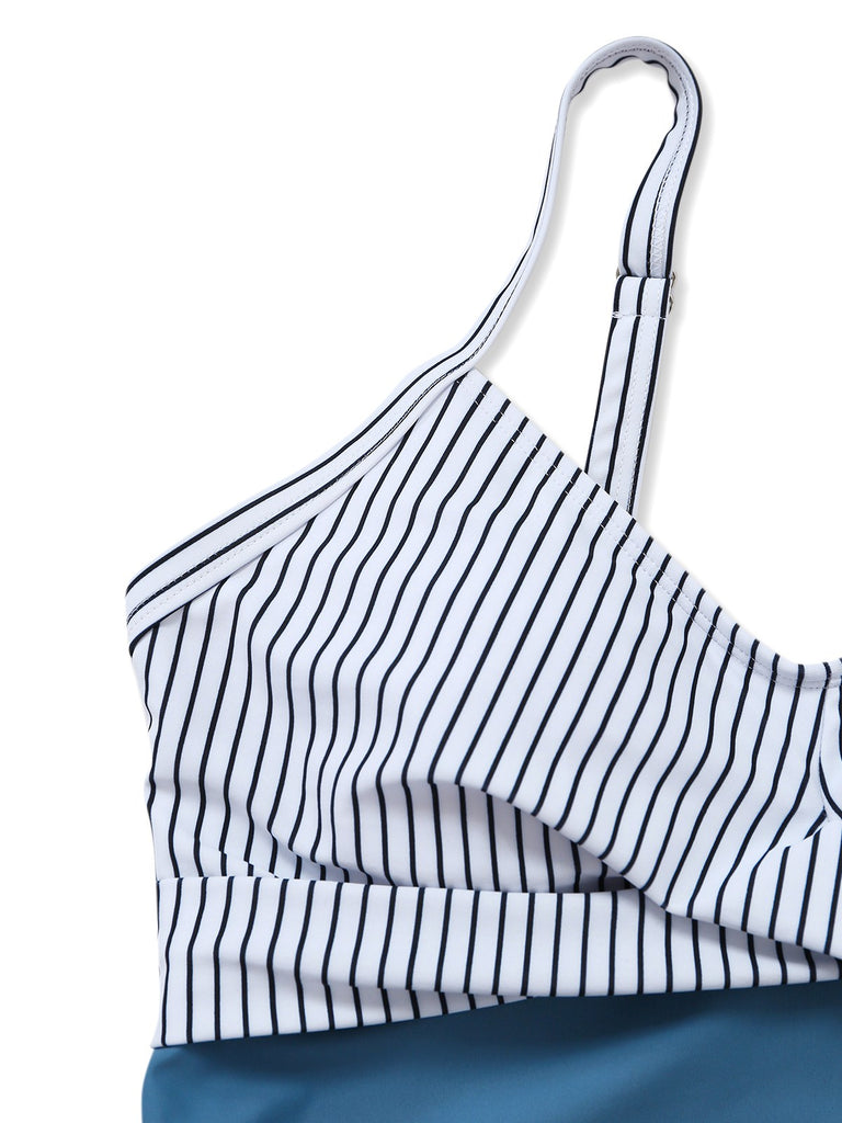 Blue 1940s Striped Pocket Ruched Swimsuit