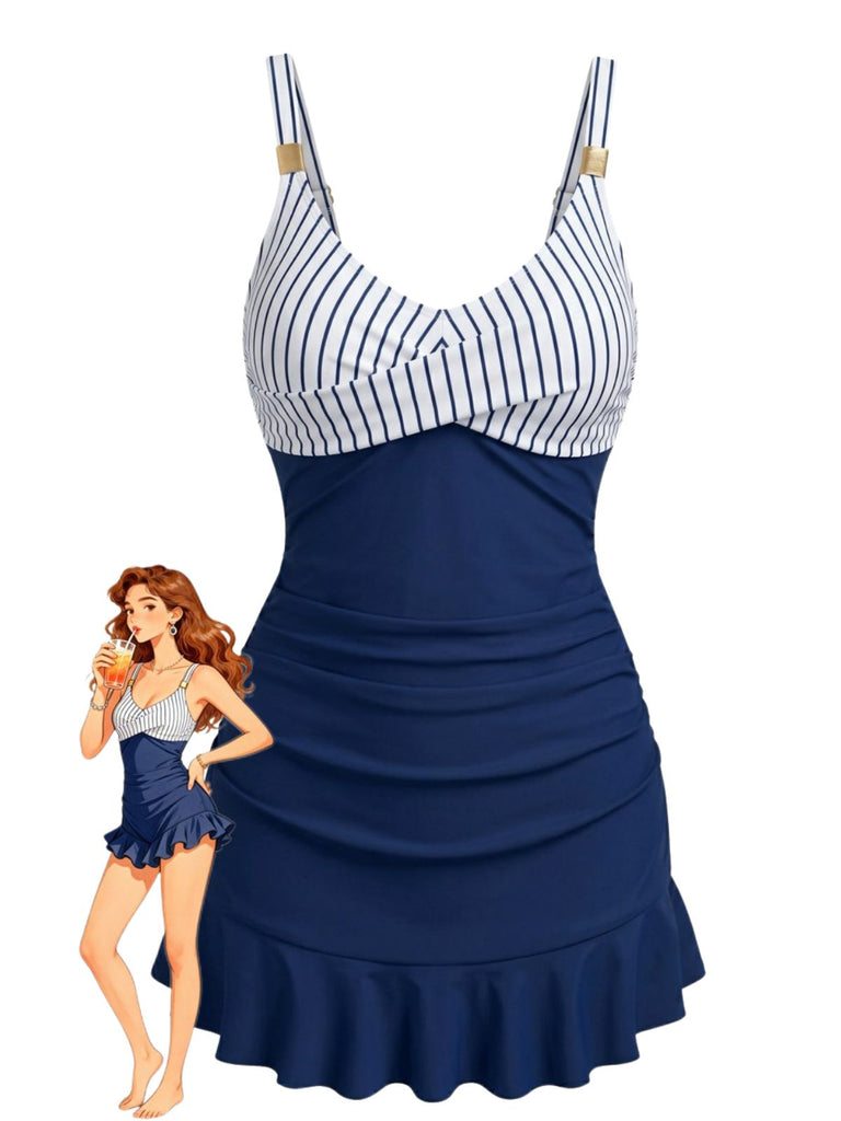 Blue 1940s Striped Ruched Tummy-Control Swimsuit - vintage swimsuit, pin-up swimwear for vintage lovers