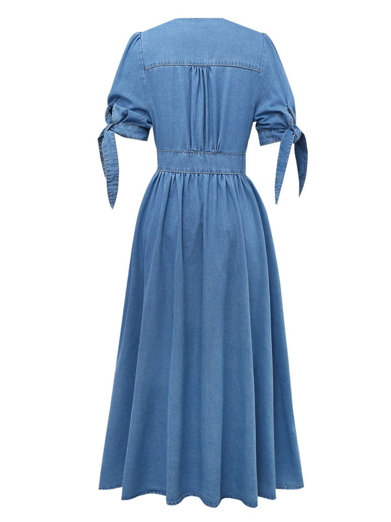 Blue 1940s V-Neck Knot Cuff Denim Dress - vintage dress, retro fashion
