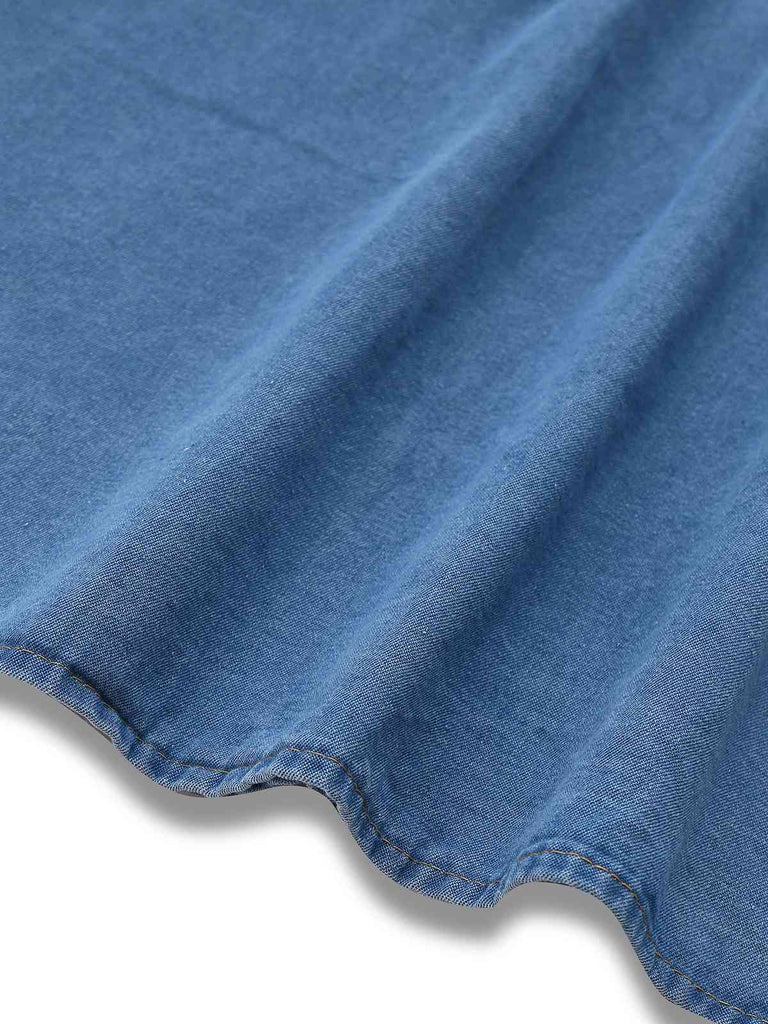 Blue 1940s V-Neck Knot Cuff Denim Dress - vintage dress, retro fashion