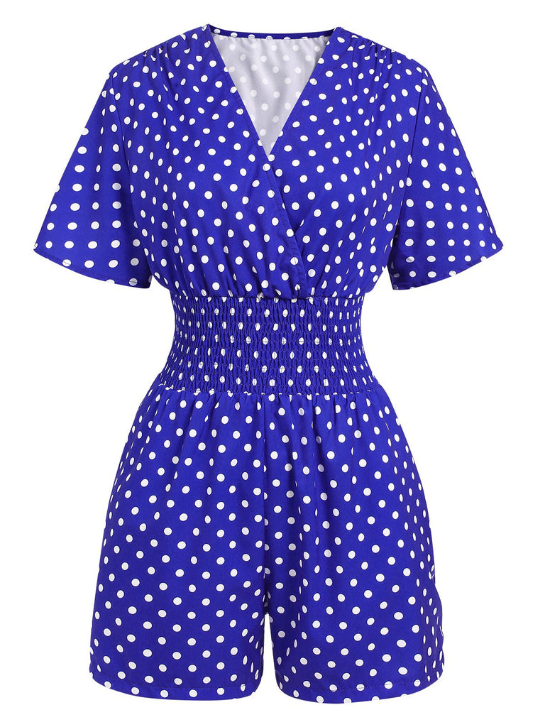 She finds her 1940s story in this Blue 1940s V-Neck Polka Dots Romper