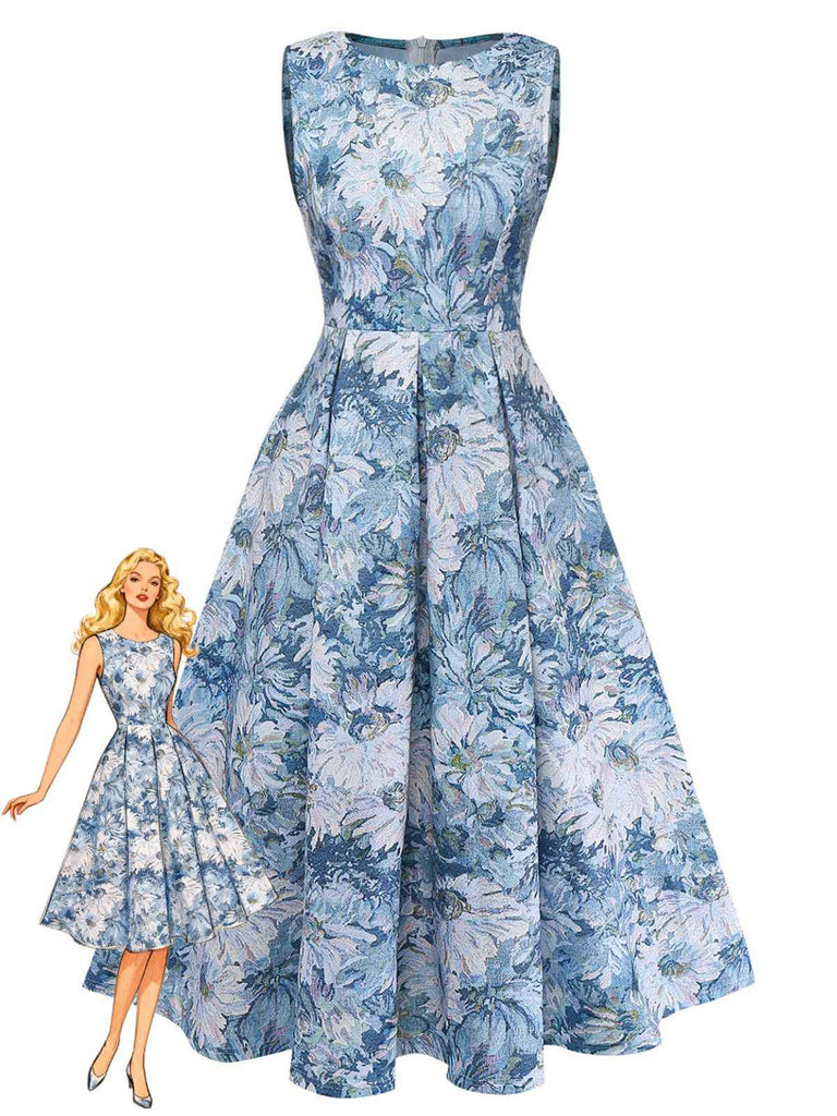 Blue 1950s All-Over Oil Painting Floral Sleeveless Dress - vintage dress, retro fashion, elegant style for vintage lovers