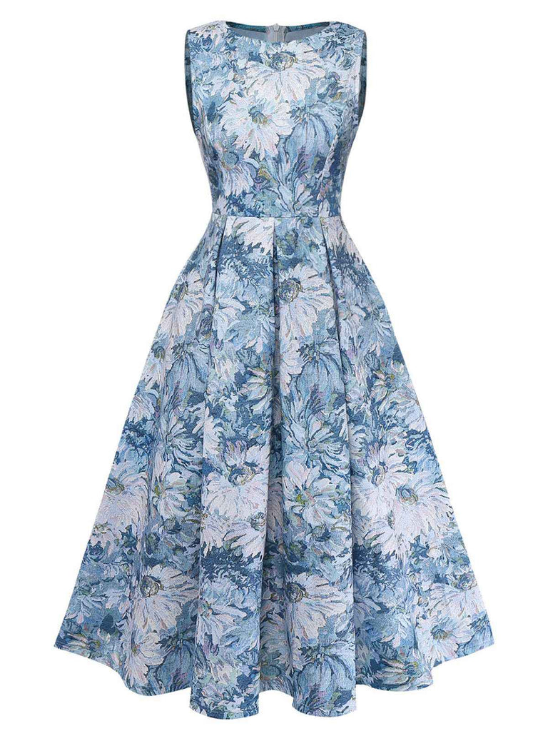 Blue 1950s All-Over Oil Painting Floral Sleeveless Dress: beautiful vintage dress, retro fashion, elegant style with timeless appeal