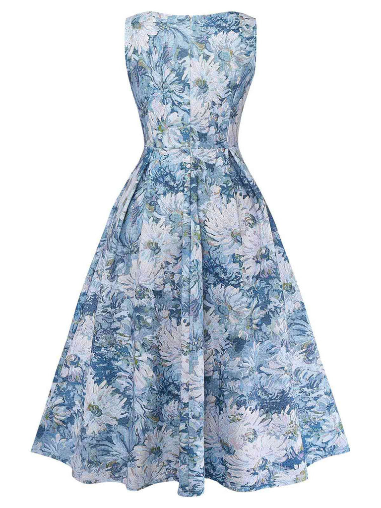 Blue 1950s All-Over Oil Painting Floral Sleeveless Dress | vintage dress, retro fashion, elegant style - perfect for retro fashion enthusiasts