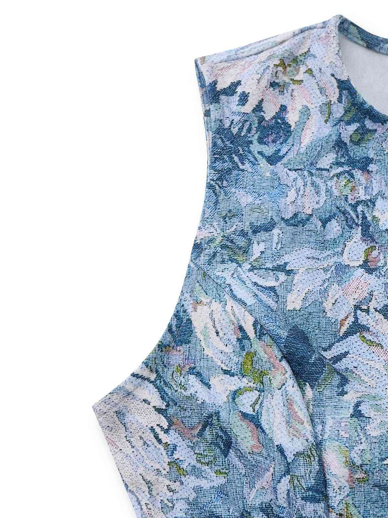 Blue 1950s All-Over Oil Painting Floral Sleeveless Dress: beautiful vintage dress, retro fashion, elegant style with timeless appeal