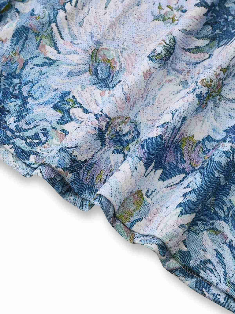 Blue 1950s All-Over Oil Painting Floral Sleeveless Dress | vintage dress, retro fashion, elegant style - perfect for retro fashion enthusiasts