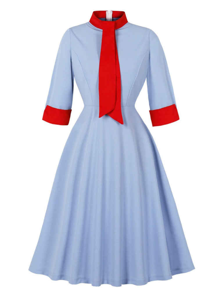 Blue 1950s Contrast Tie-Neck High Collar Dress - vintage dress, retro fashion, rockabilly