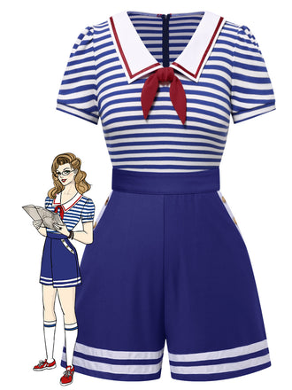 She finds her 1950s story in this Blue 1950s Cotton Cravat Nautical Stripe Romper