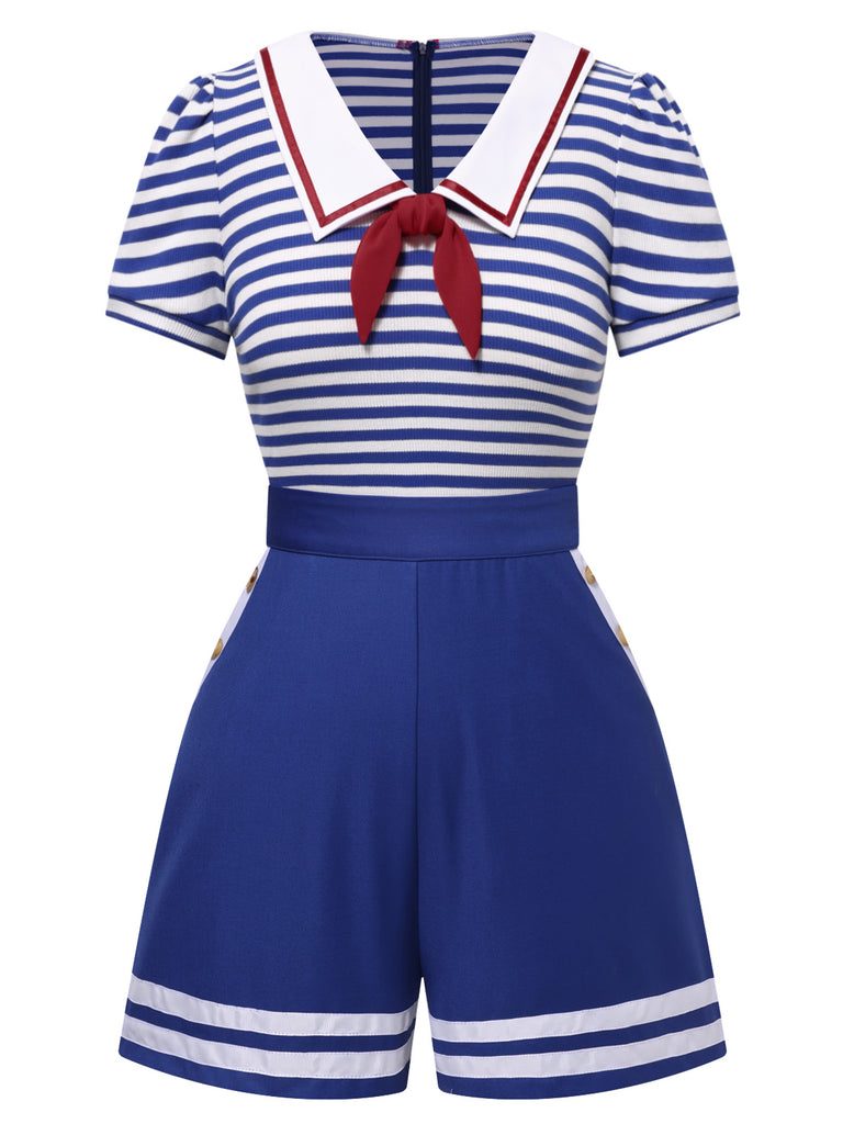 This Blue 1950s Cotton Cravat Nautical Stripe Romper whispers 1950s secrets to those who notice