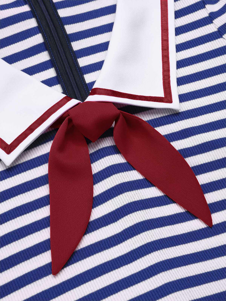 She finds her 1950s story in this Blue 1950s Cotton Cravat Nautical Stripe Romper