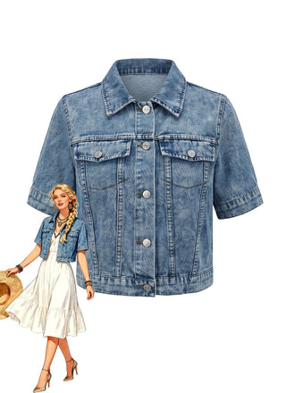 Blue 1950s Denim Lapel Button Short Jacket, vintage coat, retro outerwear - perfect for women who love vintage and retro fashion