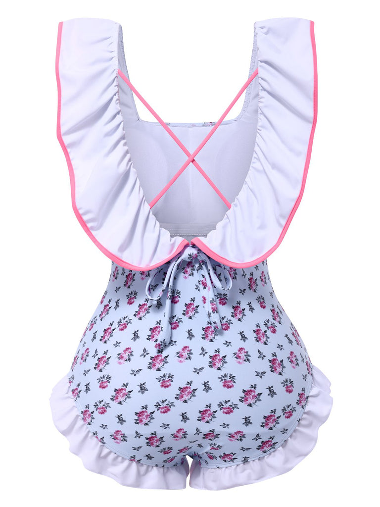 Blue 1950s Ditsy Floral Bow Ruffled Swimsuit, vintage swimsuit, pin-up swimwear - perfect for women who love vintage and retro fashion