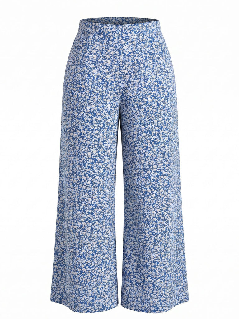 Blue 1950s Floral Print High Waist Wide-Leg Pants 3