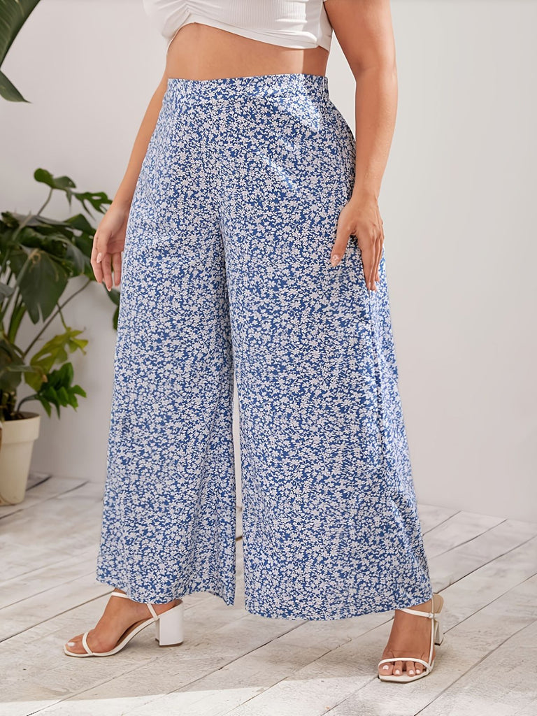 [Plus Size] Blue 1950s Ditsy Floral High-Waist Pants - vintage fashion, retro style for vintage lovers