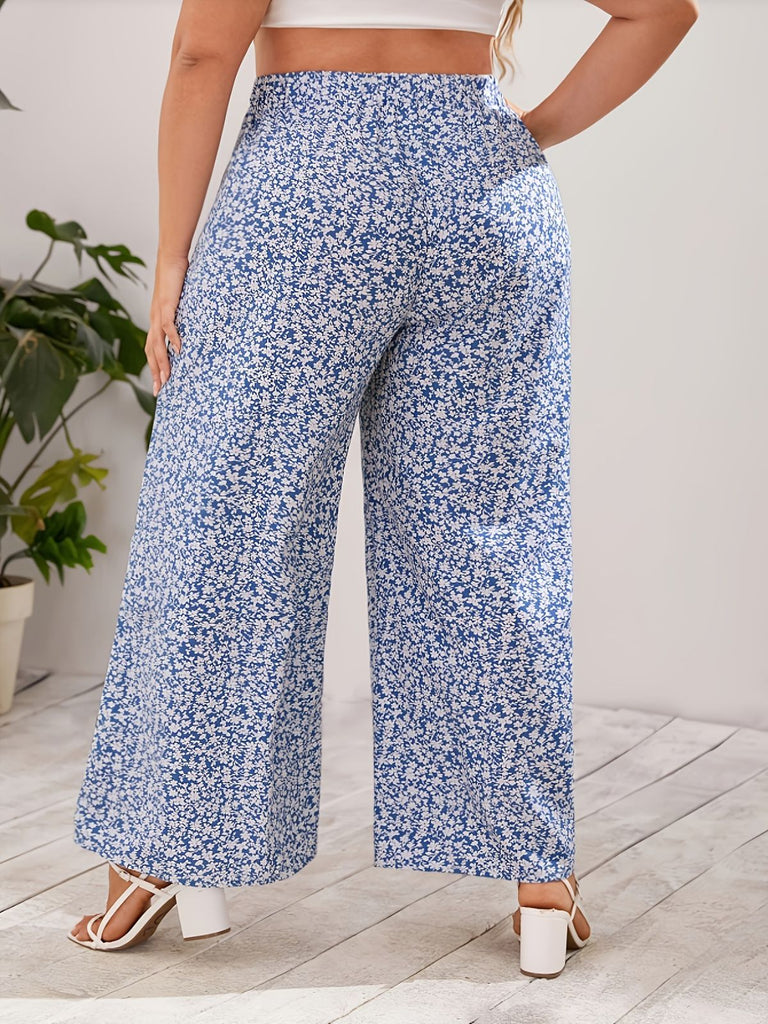Blue 1950s Floral Print High Waist Wide-Leg Pants 2