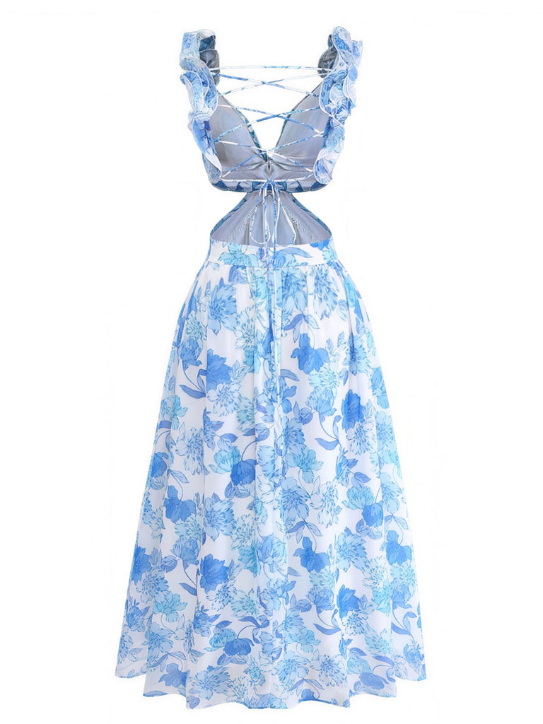 Blue 1950s Floral Print Ruffle Straps Cutout Maxi Dress - vintage dress, retro fashion, rockabilly, pin-up fashion for vintage lovers