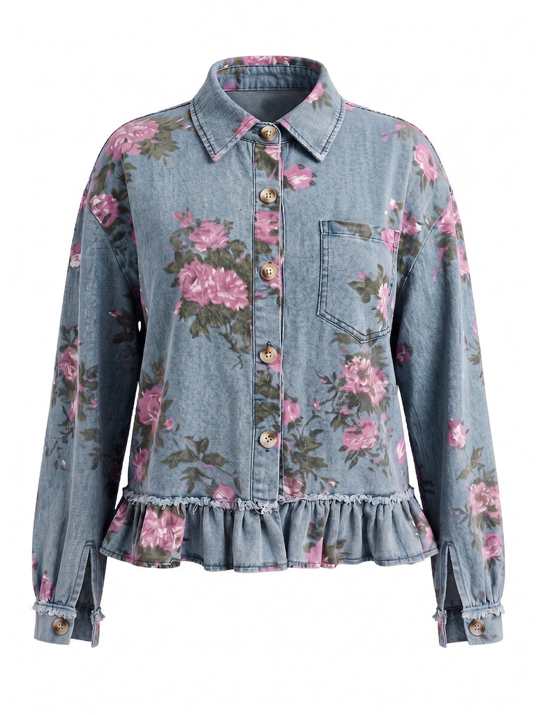 Blue 1950s Floral Denim Vintage Top