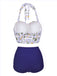 Back view: Blue 1950s Floral Halter Lace-up Bikini Set, white daisy print top with blue bottom