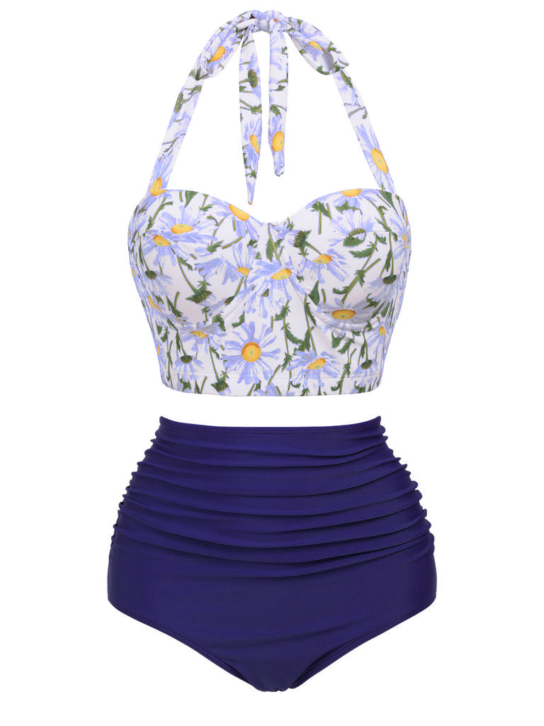 Front view: Blue 1950s Floral Halter Lace-up Bikini Set, white daisy print top with blue bottom