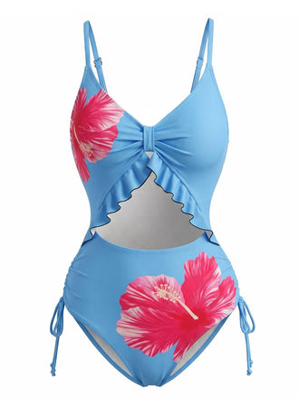 Blue-1950s-Floral-Print-Cutout-Ruffle-One-Piece-Swimsuit, vintage, retro, swimwear