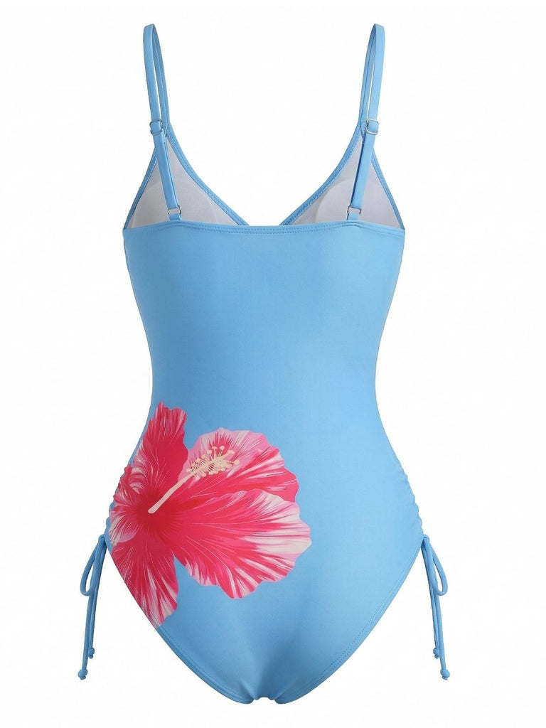 Blue-1950s-Floral-Print-Cutout-Ruffle-One-Piece-Swimsuit, vintage, retro, swimwear