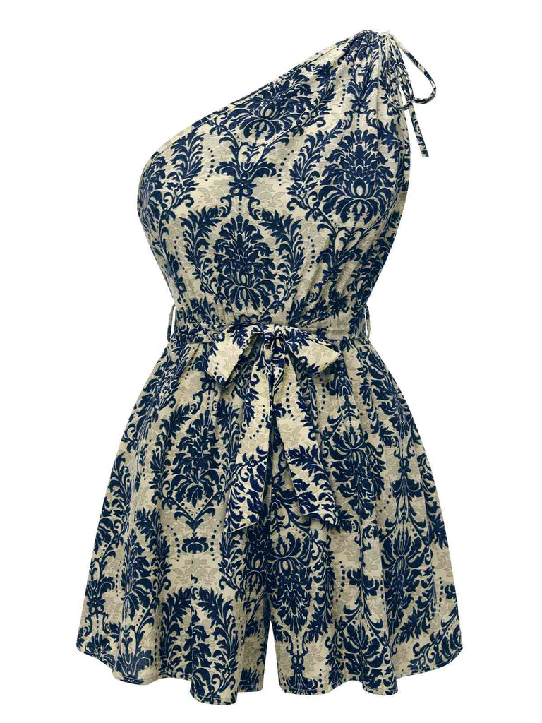 Blue 1950s Floral Print One Shoulder Romper, vintage romper, retro jumpsuit - perfect for women who love vintage and retro fashion