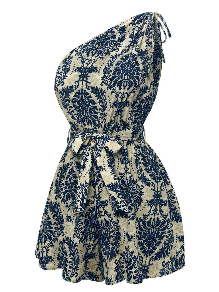 Blue 1950s Floral Print One Shoulder Romper, vintage romper, retro jumpsuit - perfect for women who love vintage and retro fashion