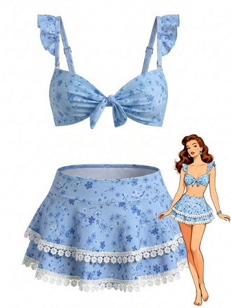 Blue 1950s Print Swimsuit