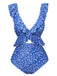 She's wearing Blue 1950s Floral Ruffles One-Piece Swimsuit and the whole beach remembers the 1950s