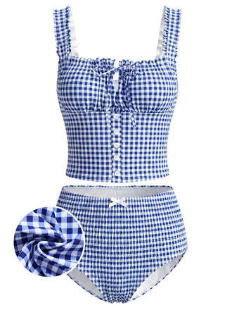 Blue-1950s-Gingham-Bow-Wide-Strap-Tankini-Set, vintage, retro, swimwear