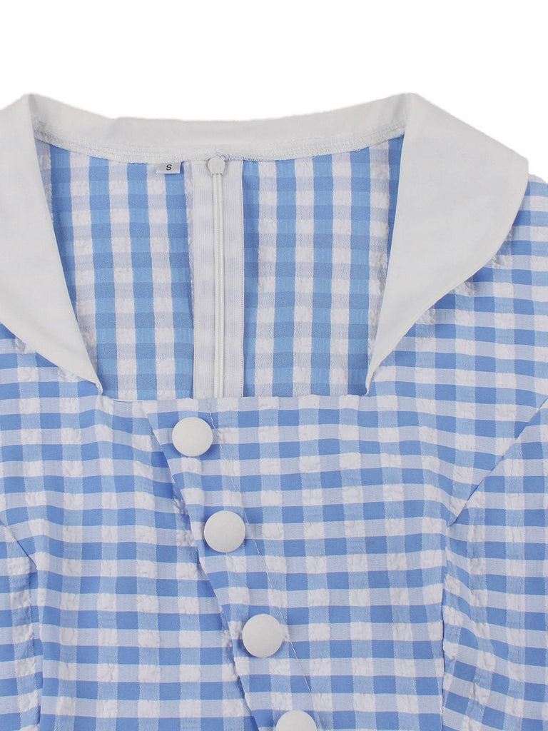 Blue 1950s Gingham Plaid Ruffle Swing Dress - vintage dress, retro fashion, rockabilly