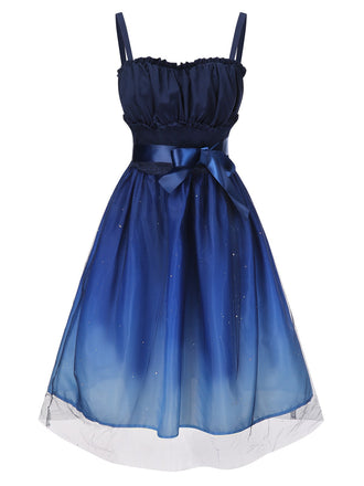 Blue 1950s Gradient Mesh Waist Smocked Dress, vintage dress, retro fashion, rockabilly, pin-up fashion - perfect for women who love vintage and retro fashion