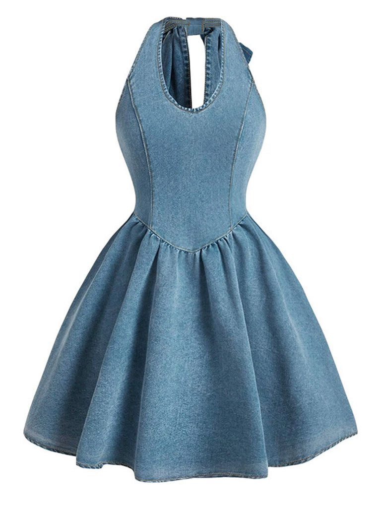 Blue 1950s Halter Bow Denim Top 2