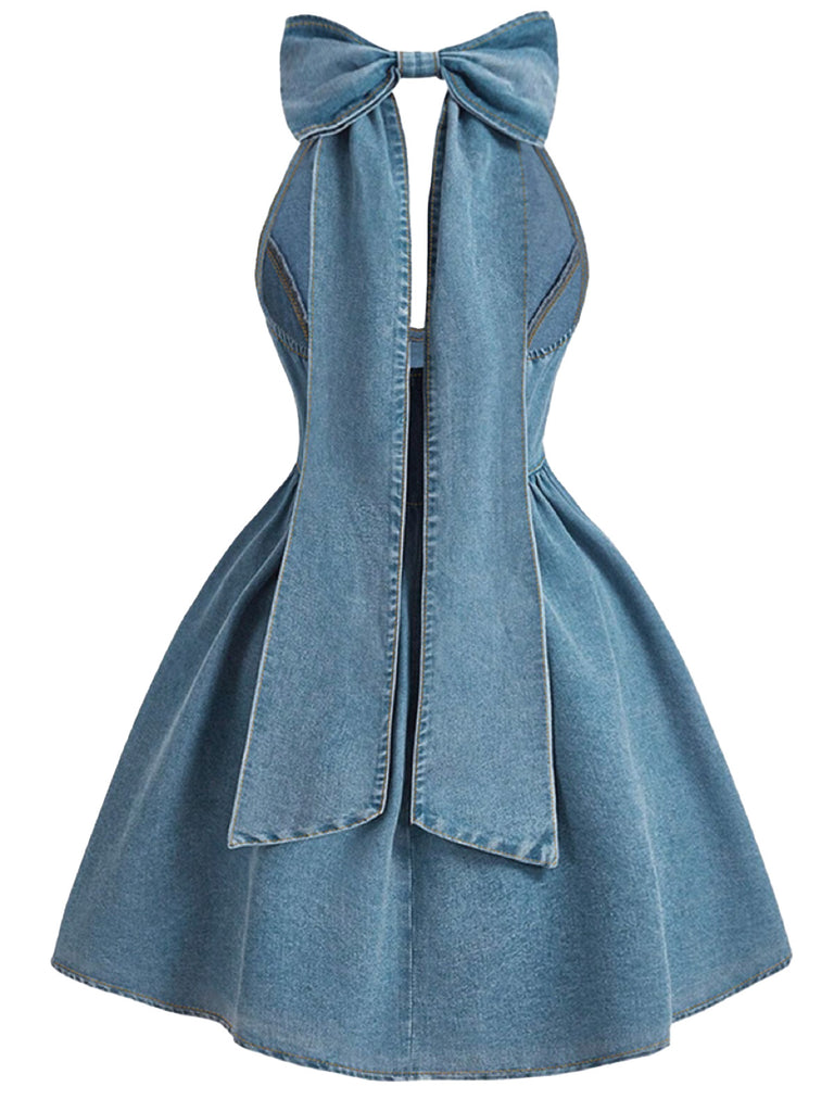 Blue 1950s Halter Bow Denim Top 3