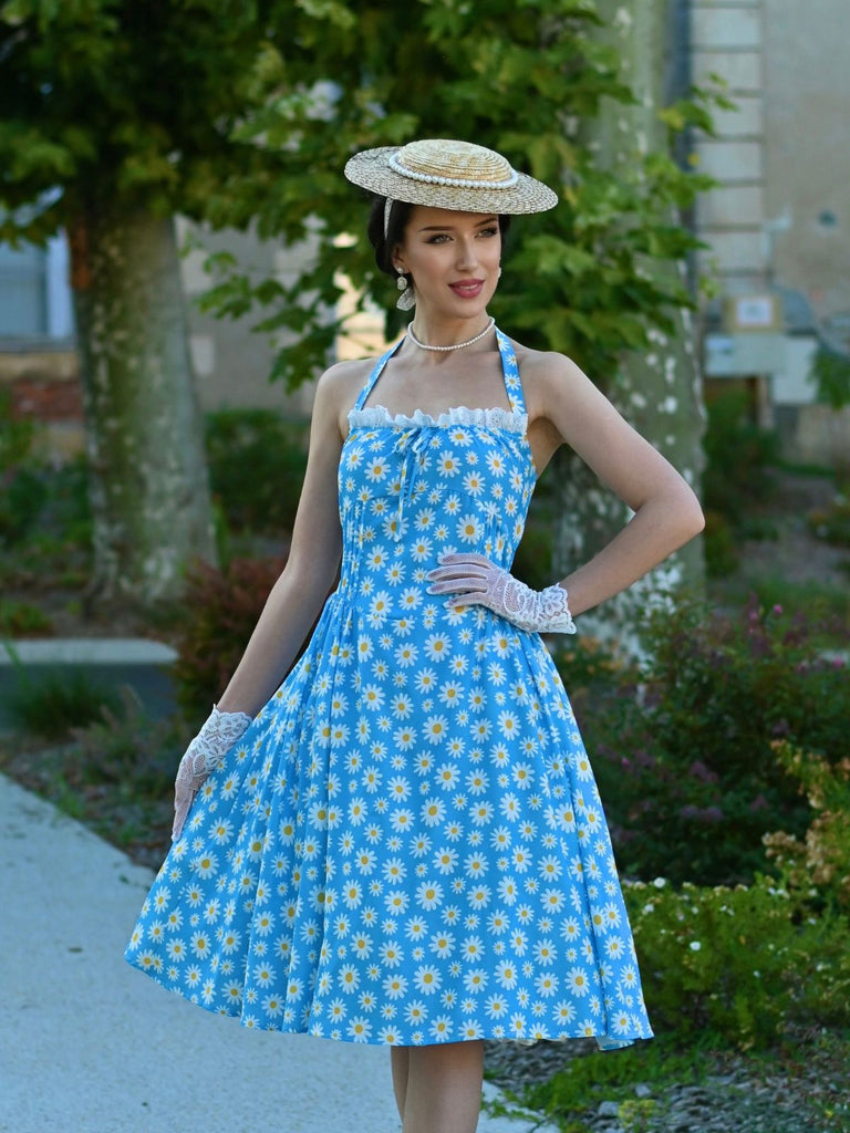 Blue 1950s Halter Lace Daisy Dress - vintage dress, retro fashion, rockabilly