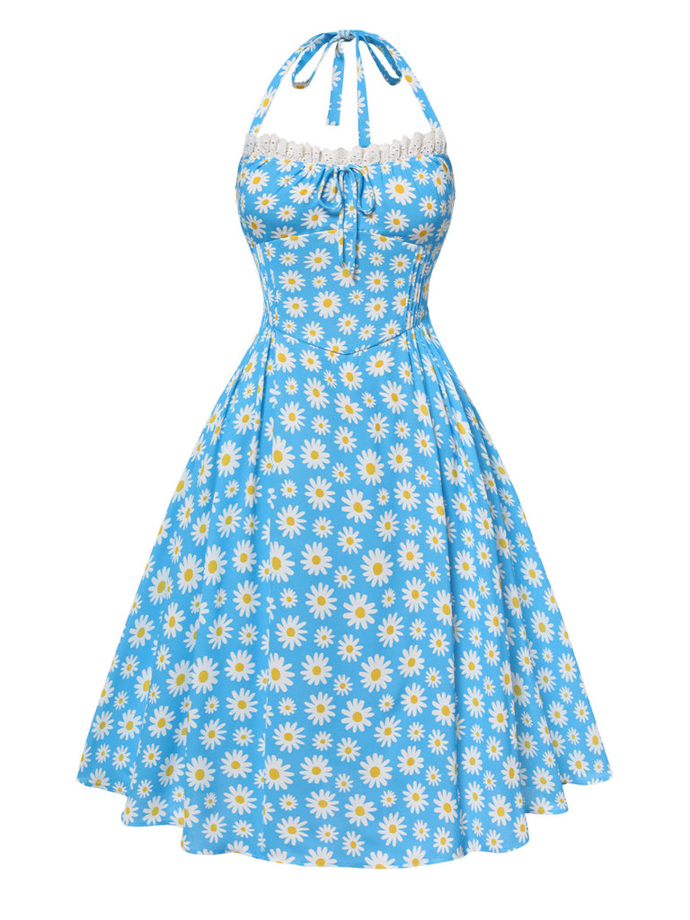 Blue 1950s Halter Lace Daisy Dress: where 1950s romance meets her modern spirit