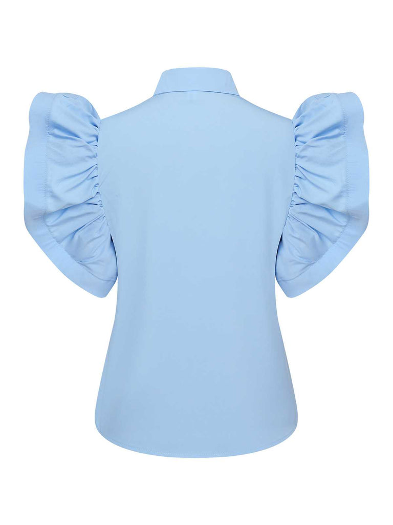 This Blue 1950s Lapel Ruffles Sleeve Solid Blouse brings 1950s soul to her everyday