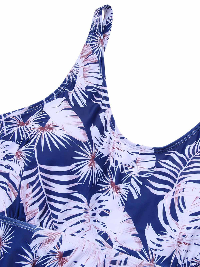 [Plus Size] Blue 1950s Leaves Spaghetti Strap Swimsuit, vintage swimsuit, pin-up swimwear - perfect for women who love vintage and retro fashion