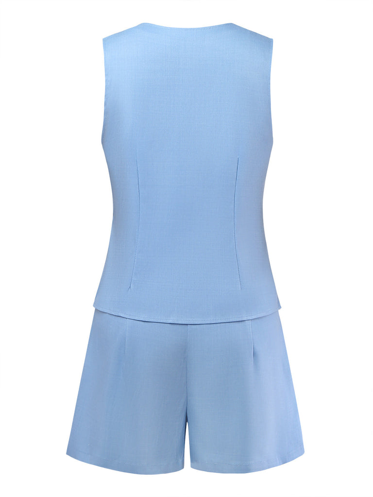 Blue 1950s Linen V-Neck Vest Shorts 2PCS, vintage fashion, retro style - perfect for women who love vintage and retro fashion