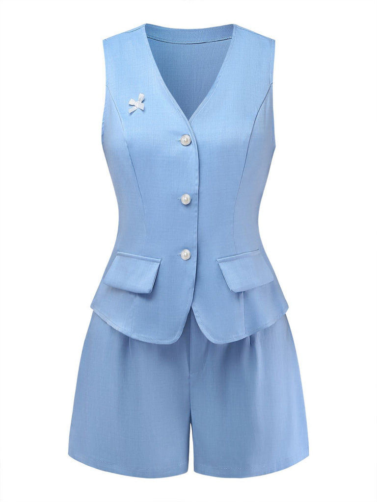 Blue 1950s Linen V-Neck Vest Shorts 2PCS, vintage fashion, retro style - perfect for women who love vintage and retro fashion